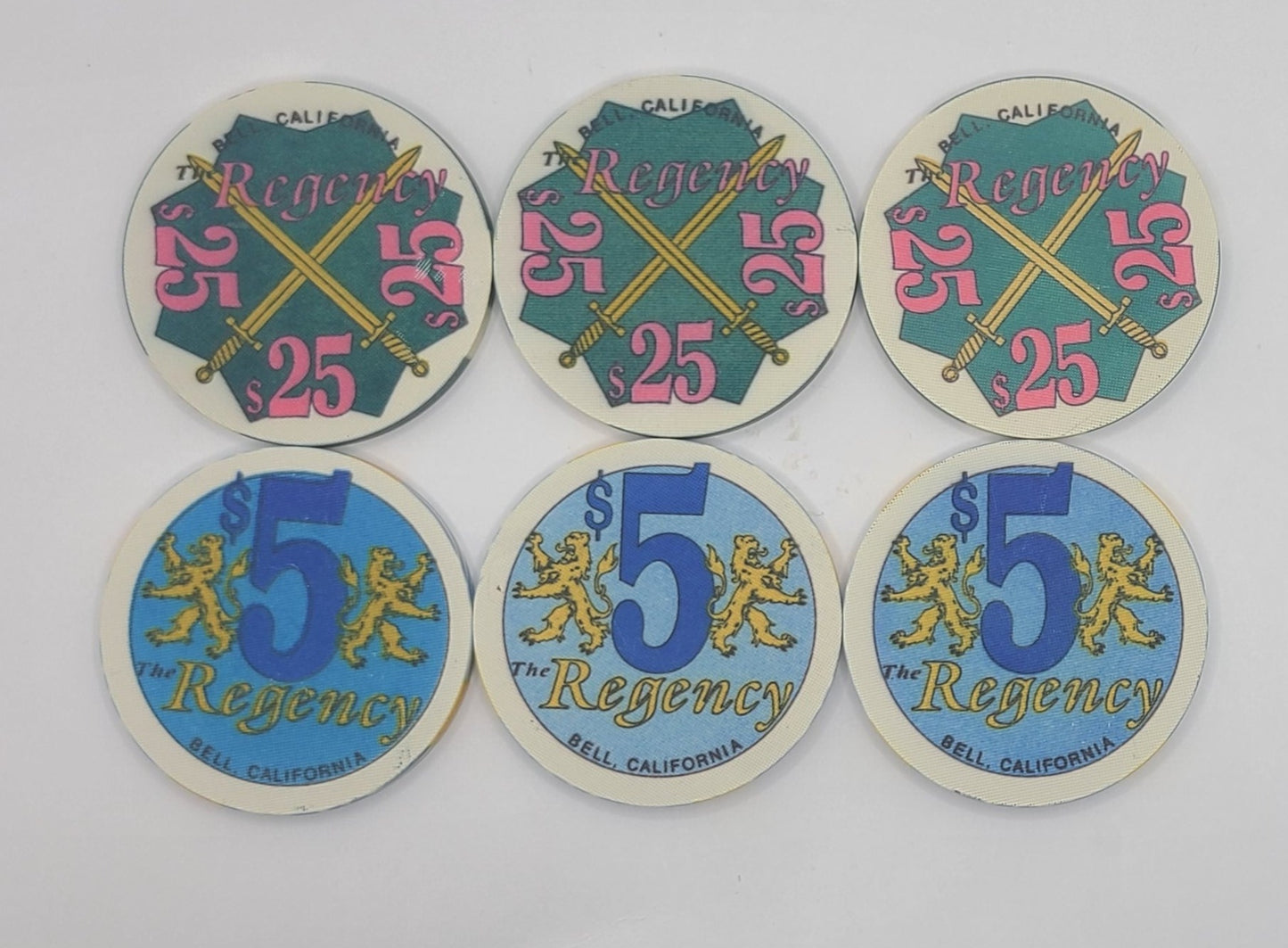 The Regency Card Club and Casino Bell California 6 Chip Bundle. 3x $5, 3x $25