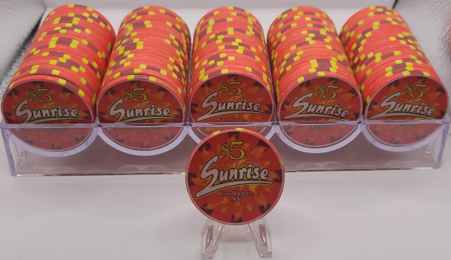 The Sunrise Casino "CASINO NEVER OPENED" Las Vegas NV $5 Chips 1999 V3471 Rack of 100