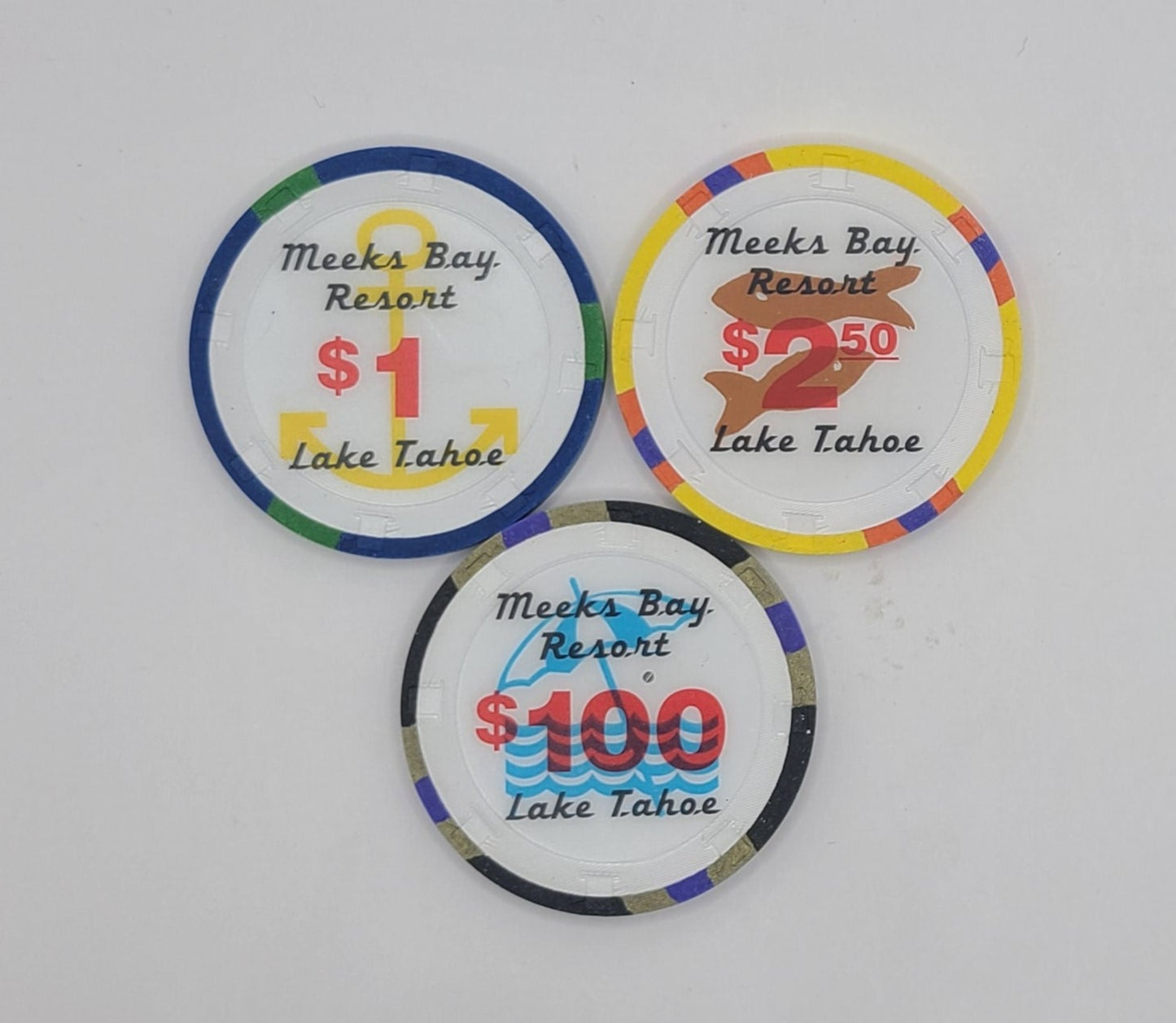 Meeks Bay Resort Casino Tahoma,"Lake Tahoe ", California 3 Chip Bundle $1 , $2.50 , $100