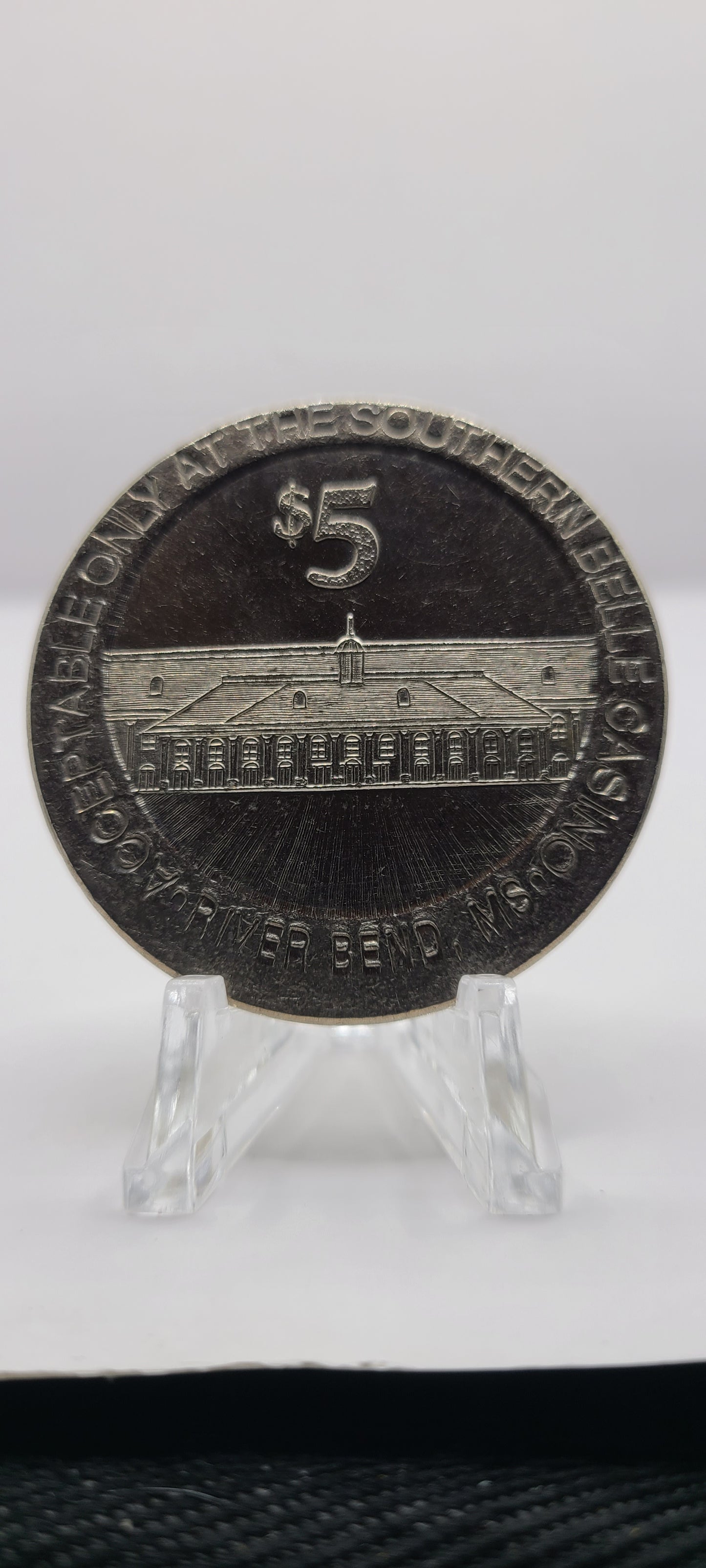 Southern Belle Casino River Bend MS 1994,"Riverboat" Casino $5 Gaming Token (Error center offset)