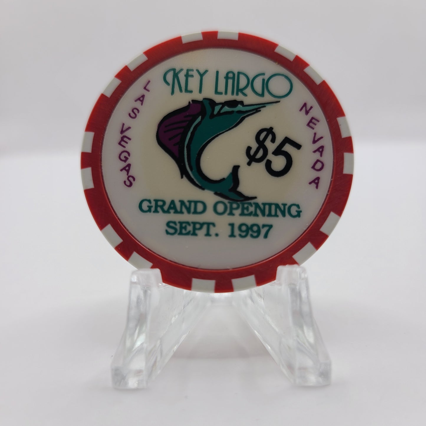 Key Largo Casino Las Vegas Nevada 1997 "Grand Opening" $5 Chip V1024