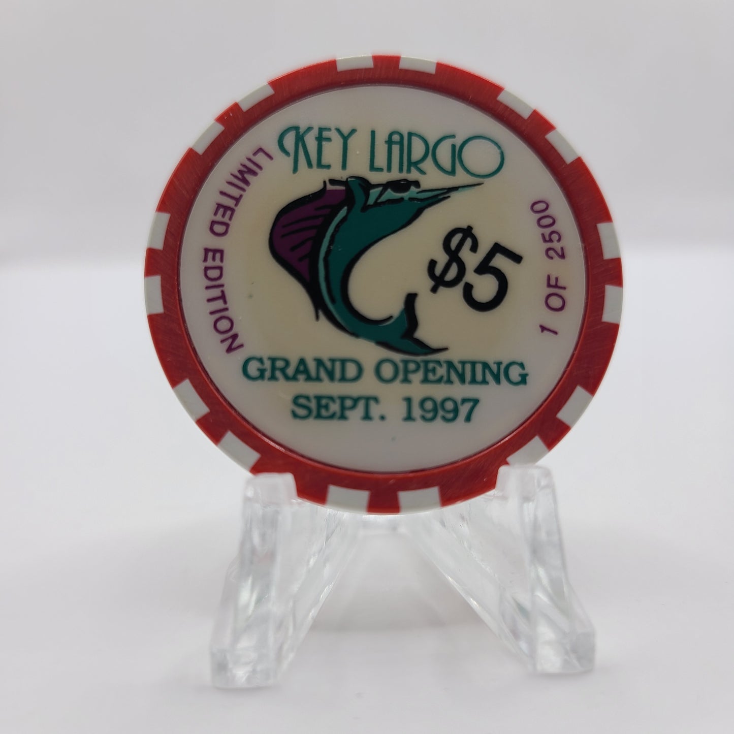 Key Largo Casino Las Vegas Nevada 1997 "Grand Opening" $5 Chip V1024