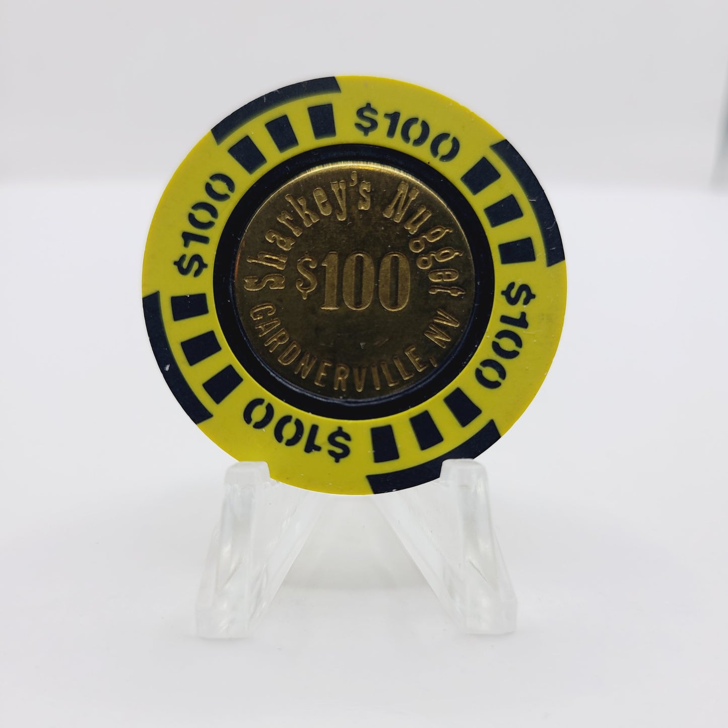 Sharky's Nugget Casino Gardnerville Nevada 1988 $100 Brass Coin Center Casino Chip N9064