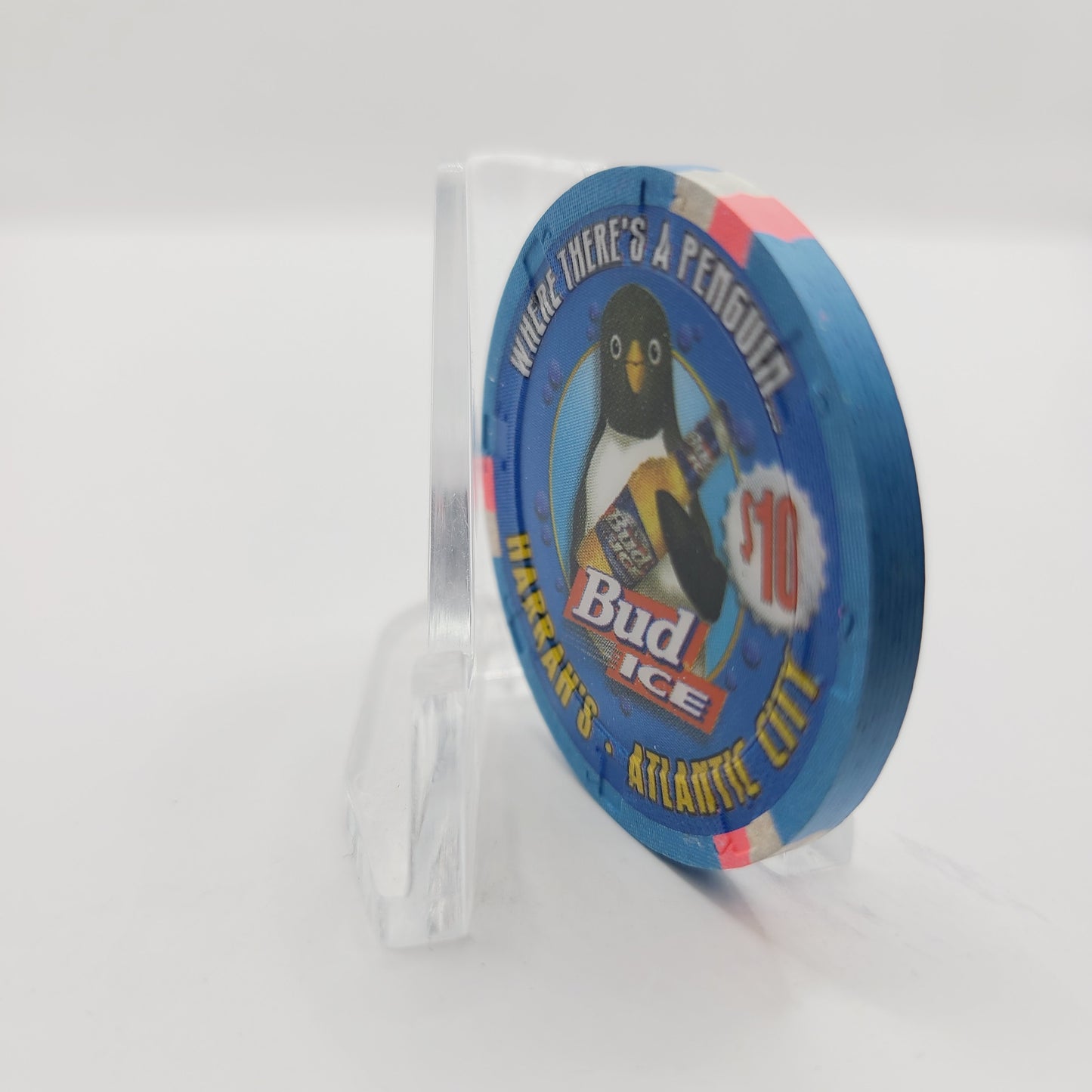 Harrah's Resort Casino Atlantic City New Jersey $10 "Where There's A Penguin" Bud Ice Casino Chip #0763