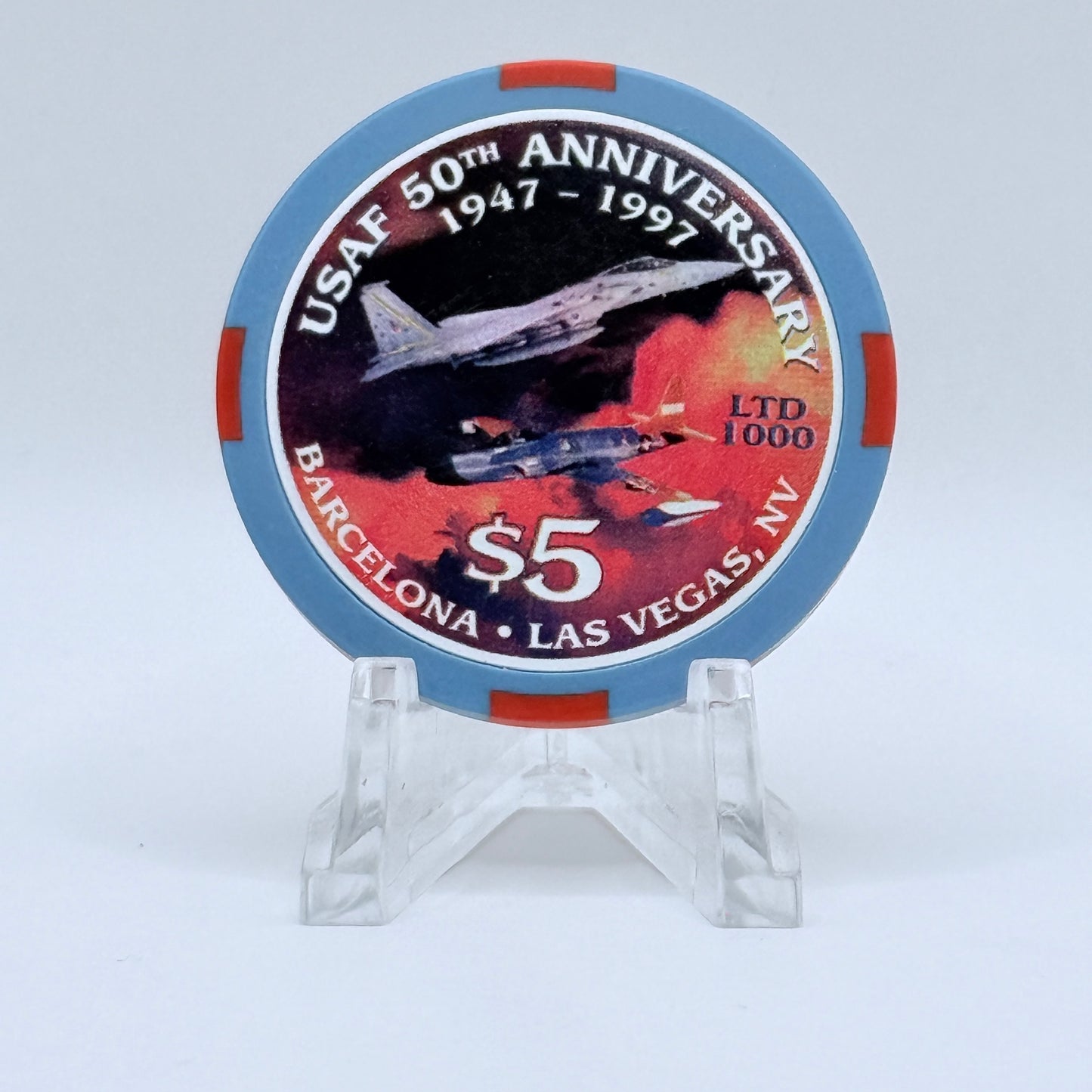Barcelona Casino Las Vegas Nevada 1997 'USAF 50th Anniversary' LE $5 Casino Chip N9340