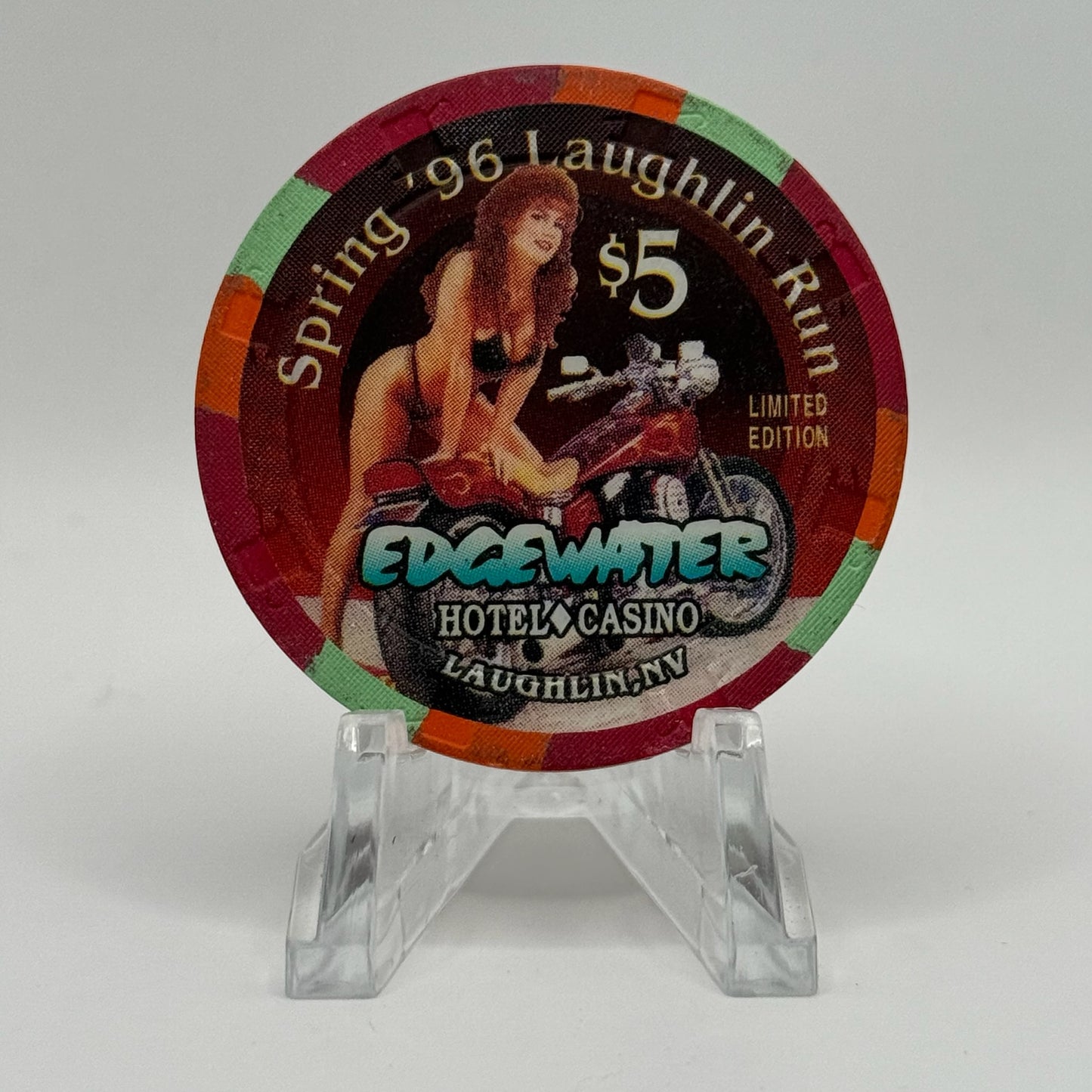 Edgewater Hotel Casino Laughlin Nevada 1996 'Spring '96 Laughlin Run' LE $5 Casino Chip N8171