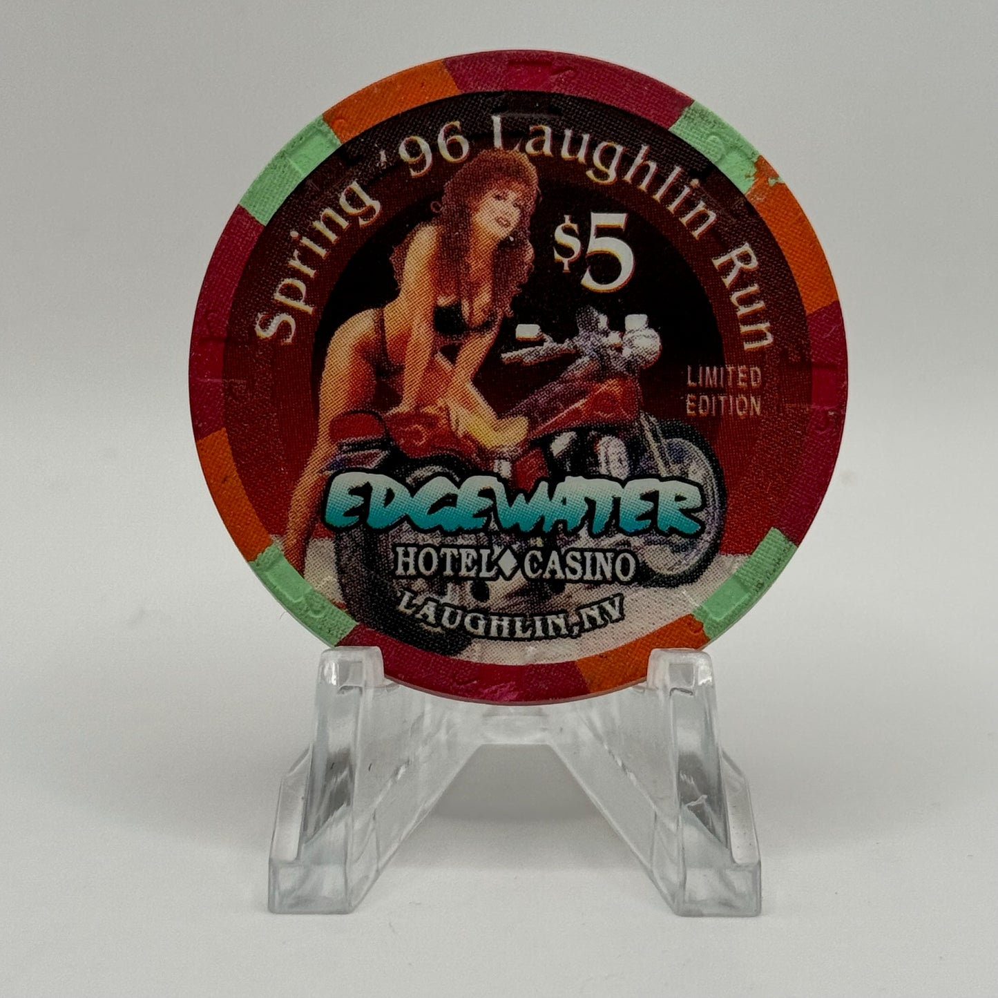 Edgewater Hotel Casino Laughlin Nevada 1996 'Spring '96 Laughlin Run' LE $5 Casino Chip N8171