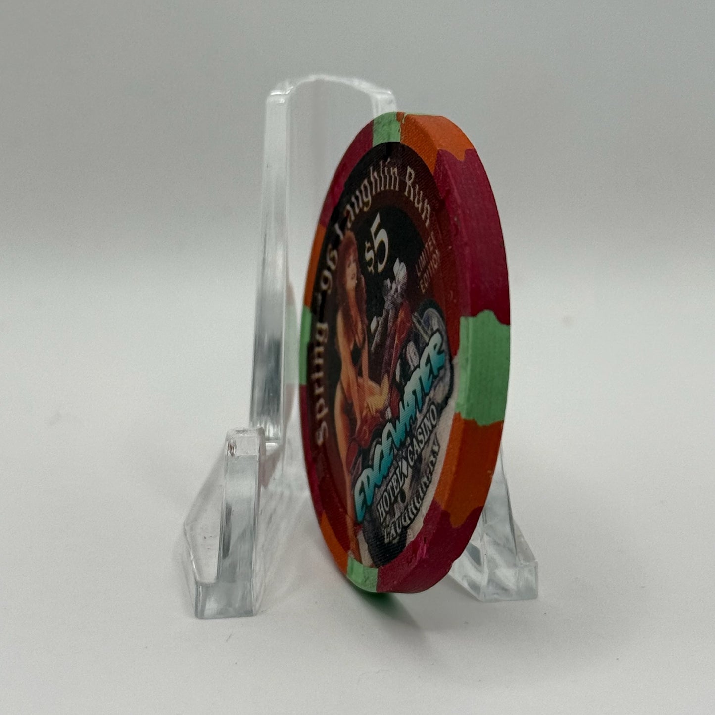 Edgewater Hotel Casino Laughlin Nevada 1996 'Spring '96 Laughlin Run' LE $5 Casino Chip N8171