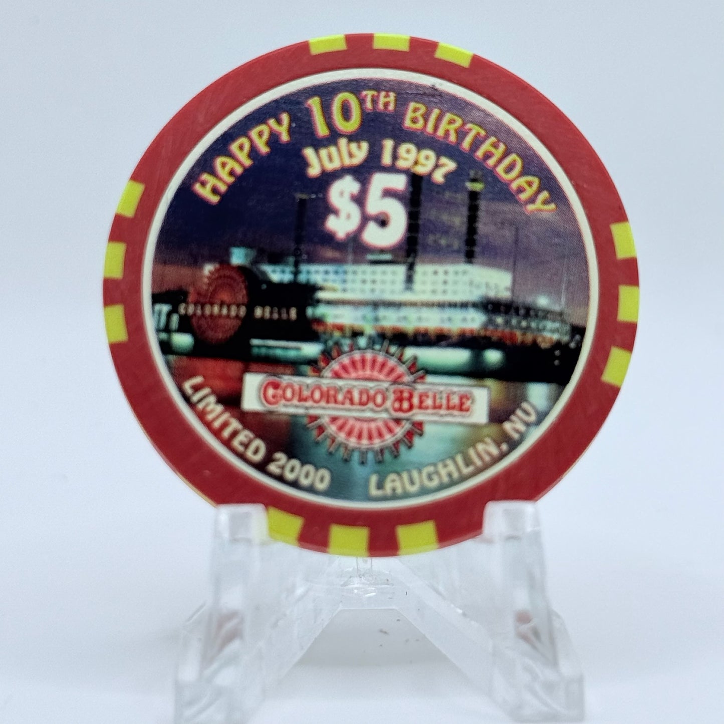 Colorado Belle Laughlin Nevada 1997 'Happy 10th Birthday' LE $5 Casino Chip N9505