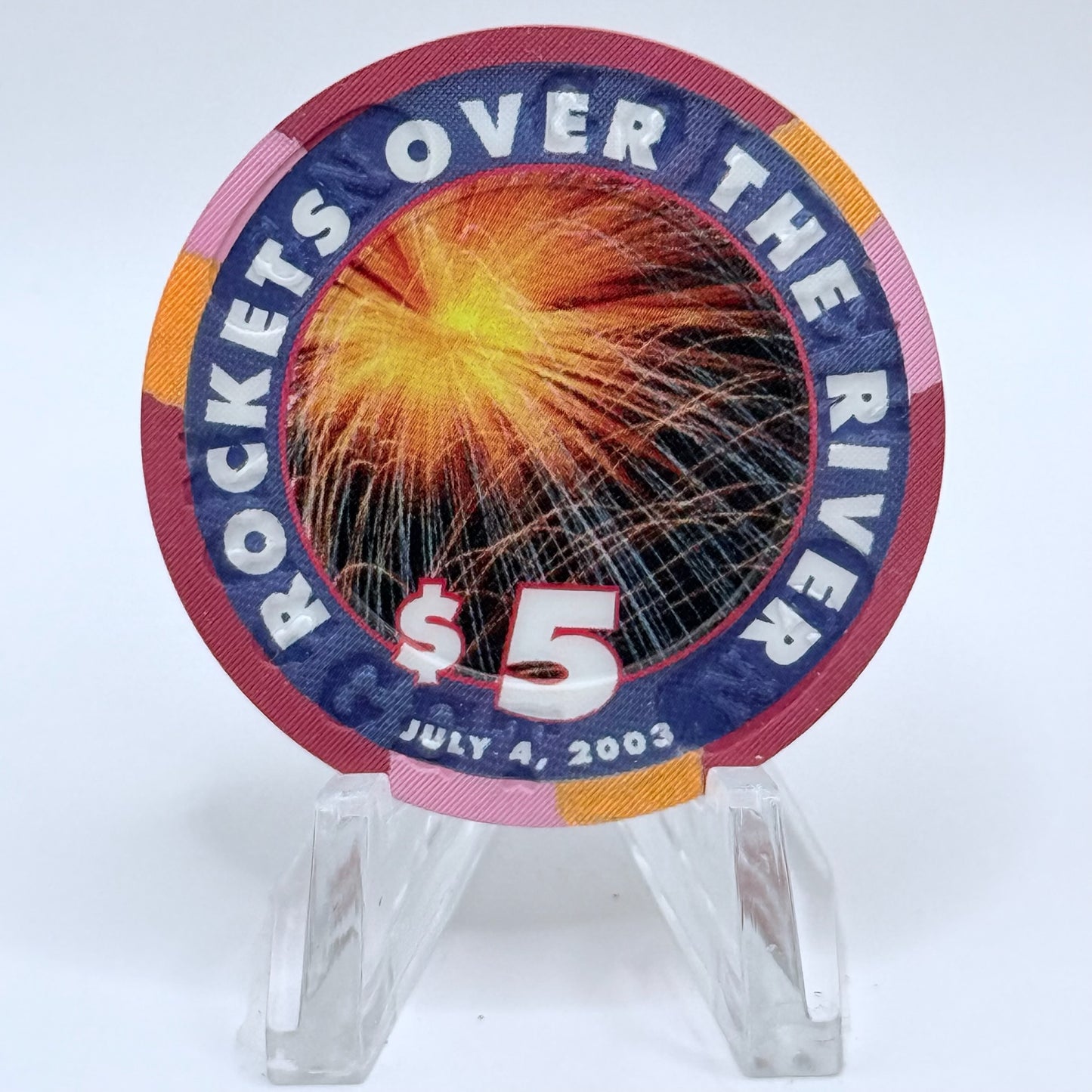 Golden Nugget Laughlin Nevada 2003 'Rockets Over The River - 4th of July' LE $5 Casino Chip E4508