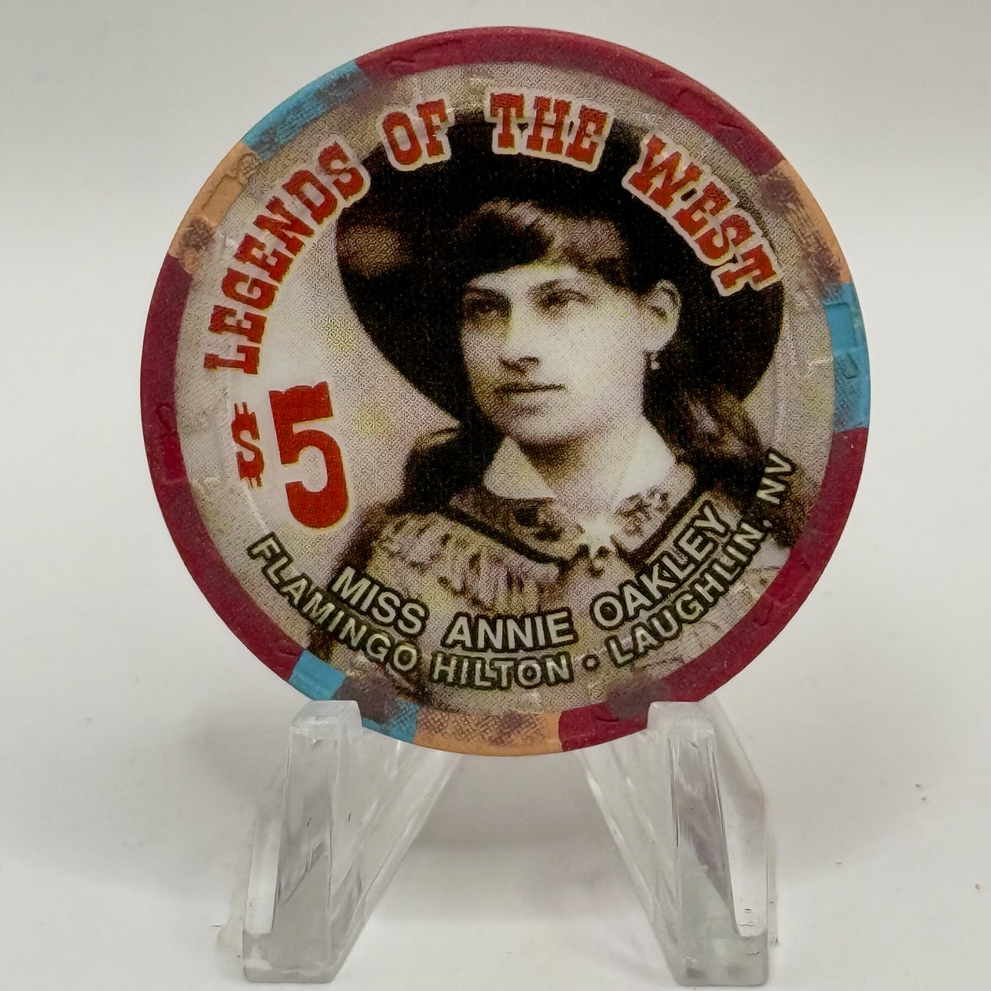 Flamingo Hilton Laughlin Nevada 1996 'Legends of the West - Miss Annie Oakley' Series 8 LE $5 Casino Chip N8288