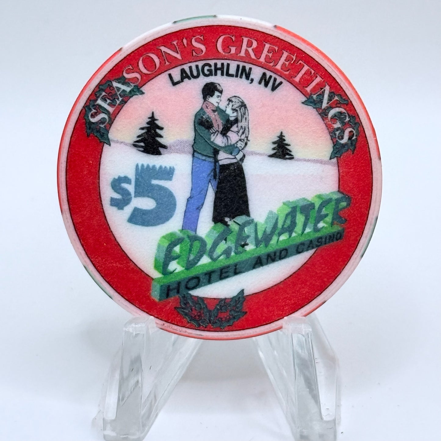 Edgewater Laughlin Nevada 1996 'Merry Christmas, Season's Greetings' LE $5 Casino Chip N8166