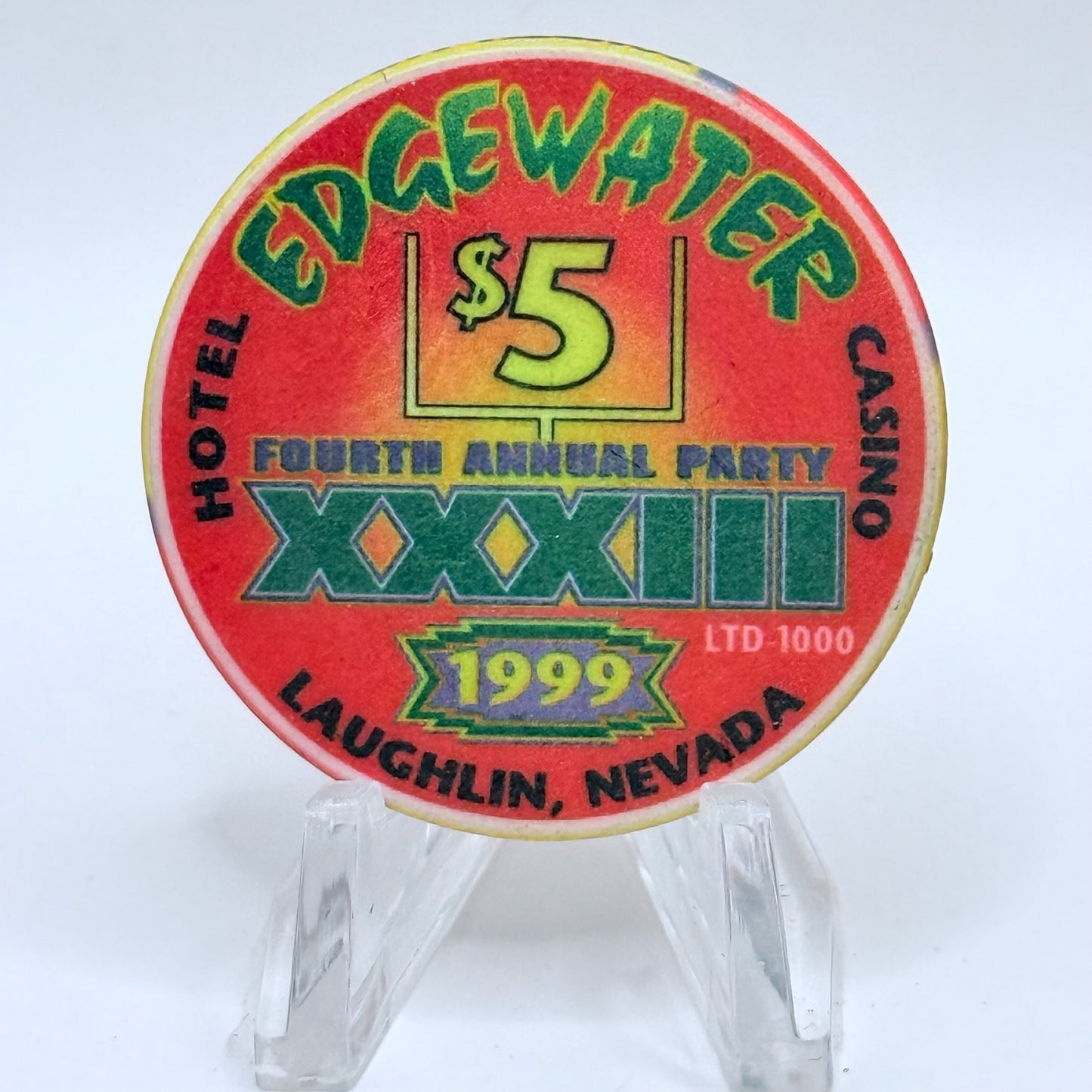 Edgewater Laughlin Nevada 1999 'Superbowl XXXIII, Fourth Annual Party' LE $5 Casino Chip V2337