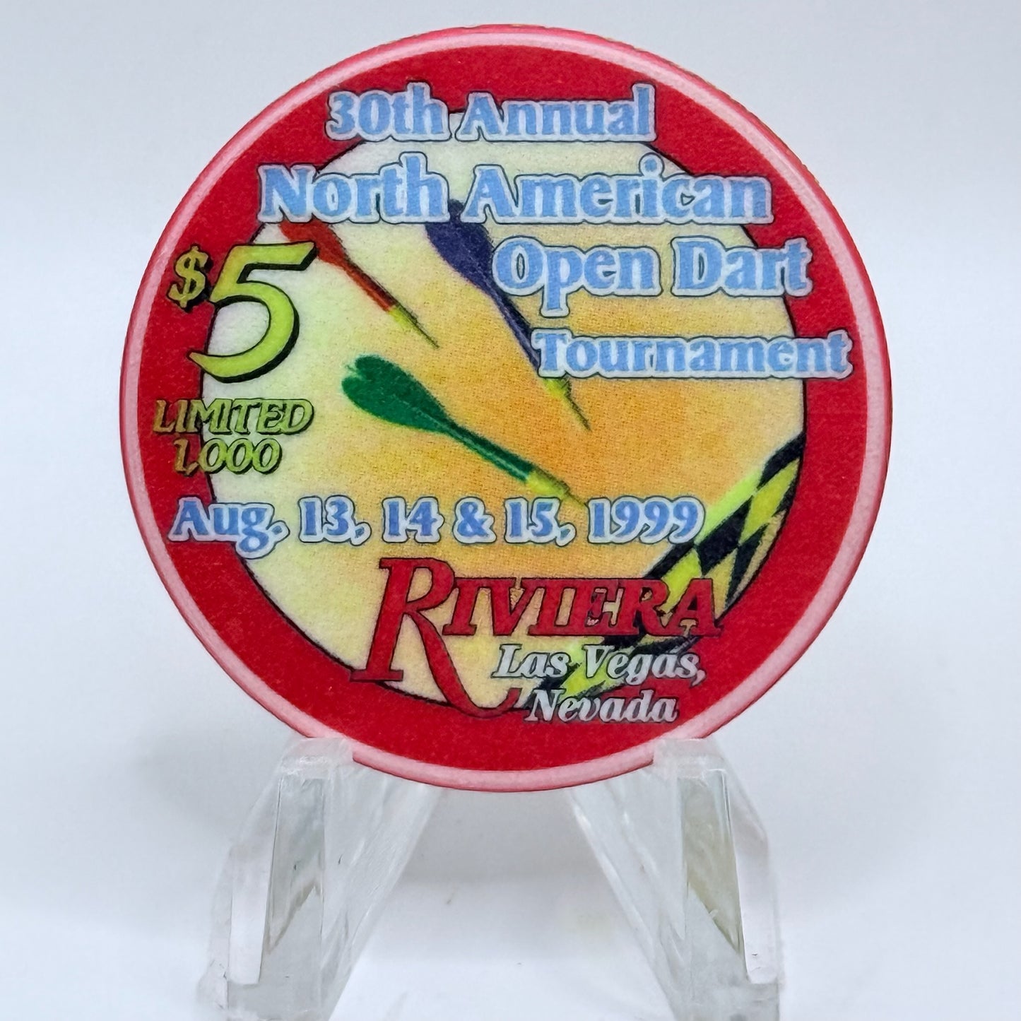 Riviera Las Vegas Nevada 1999 '30th Annual North American Open Dart Tournament' LE $5 Casino Chip V5380
