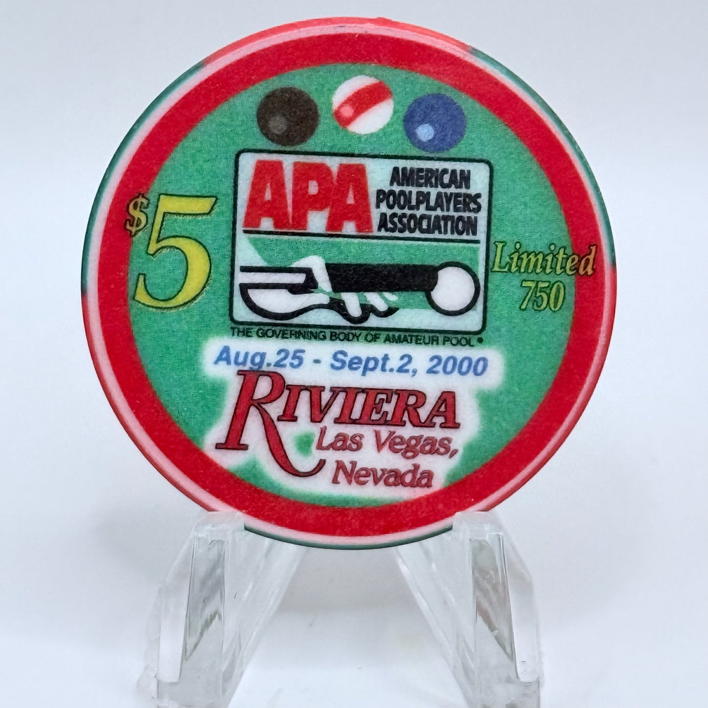 Riviera Las Vegas Nevada 2000 'Apa Pool Tourney' LE $5 Casino Chip V5381
