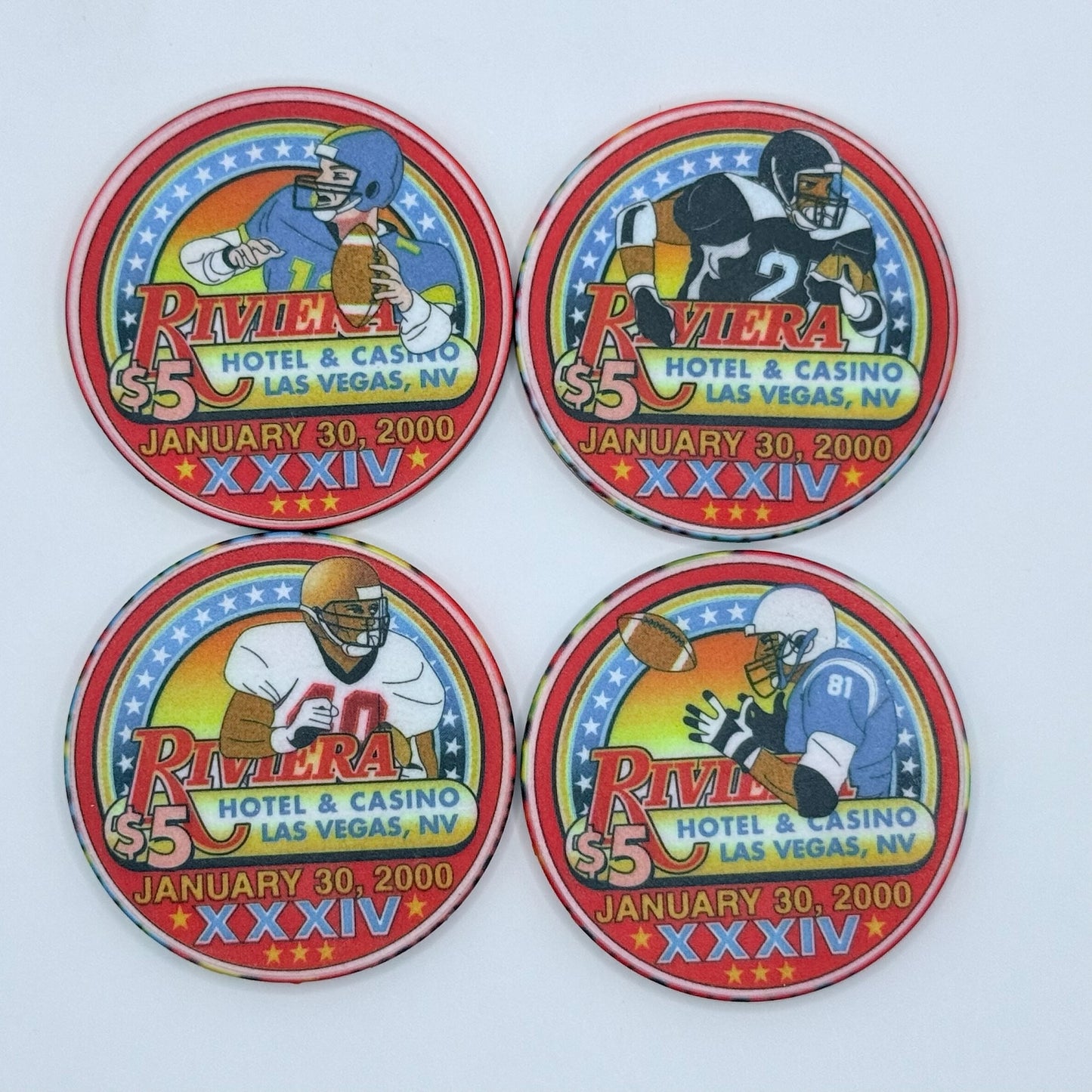 Riviera Las Vegas Nevada 2000 'January 30, Superbowl XXXIV - set of 4 chips' LE $5 Casino Chip