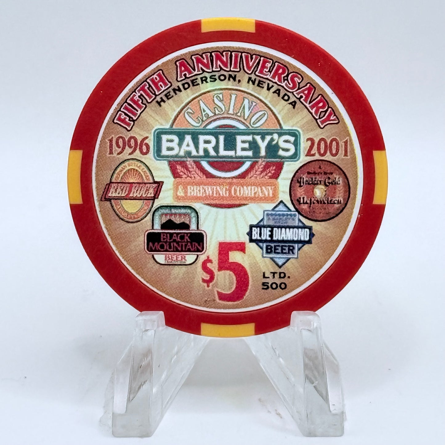 Barley's Casino & Brewing Henderson Nevada 2001 'Fifth Anniversary' LE $5 Casino Chip V7956