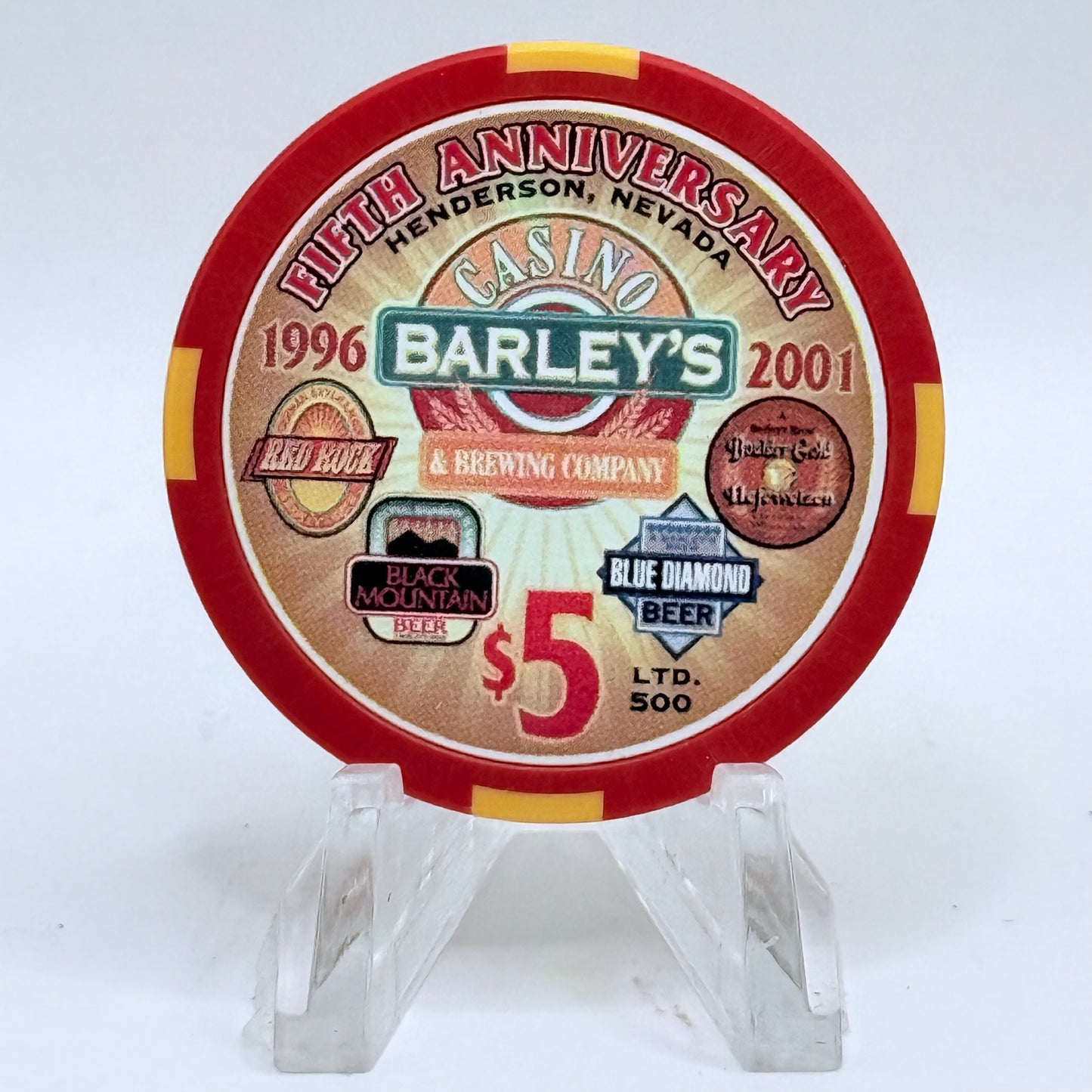 Barley's Casino & Brewing Henderson Nevada 2001 'Fifth Anniversary' LE $5 Casino Chip V7956