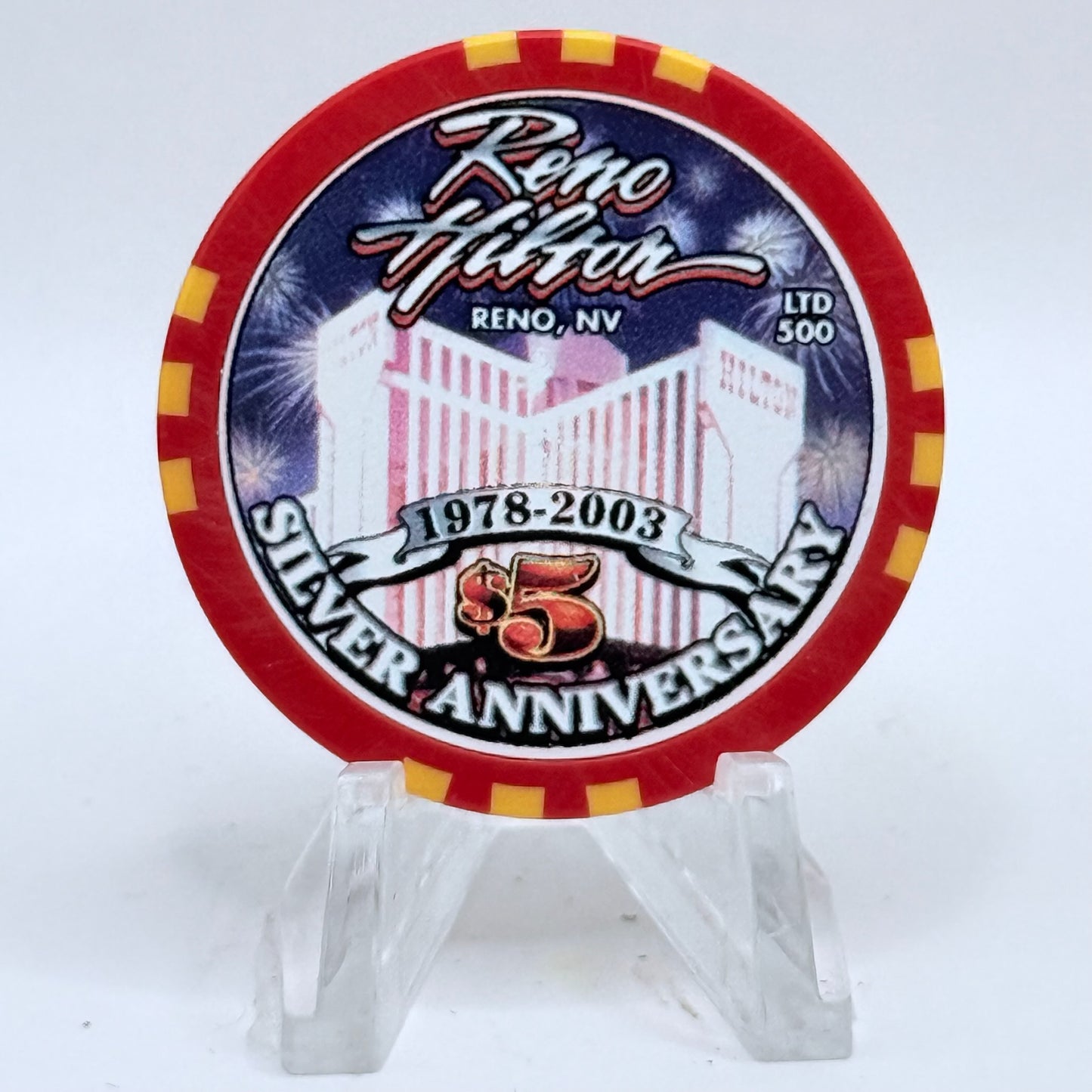 Hilton Resort Reno Nevada 2003 'Silver Anniversary' LE $5 Casino Chip E1195
