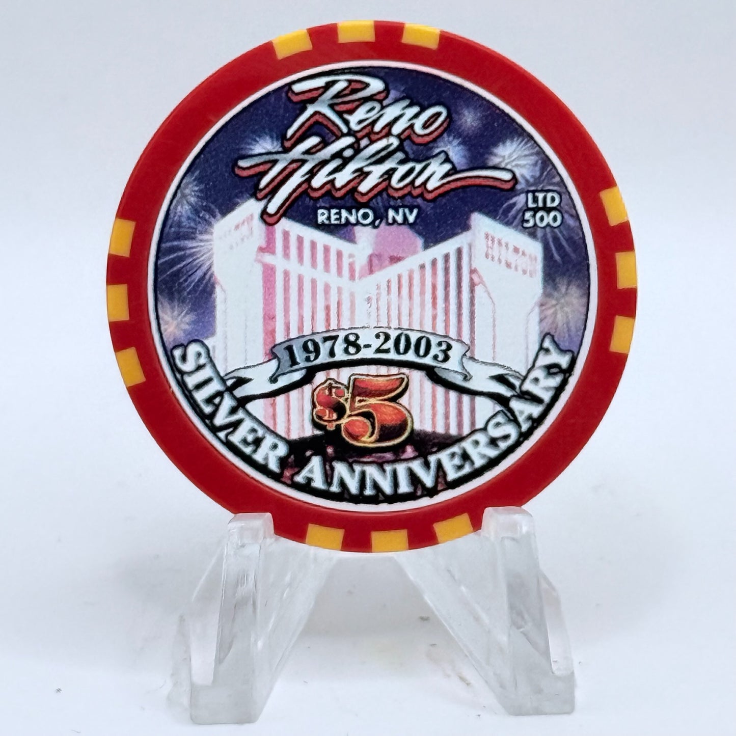 Hilton Resort Reno Nevada 2003 'Silver Anniversary' LE $5 Casino Chip E1195