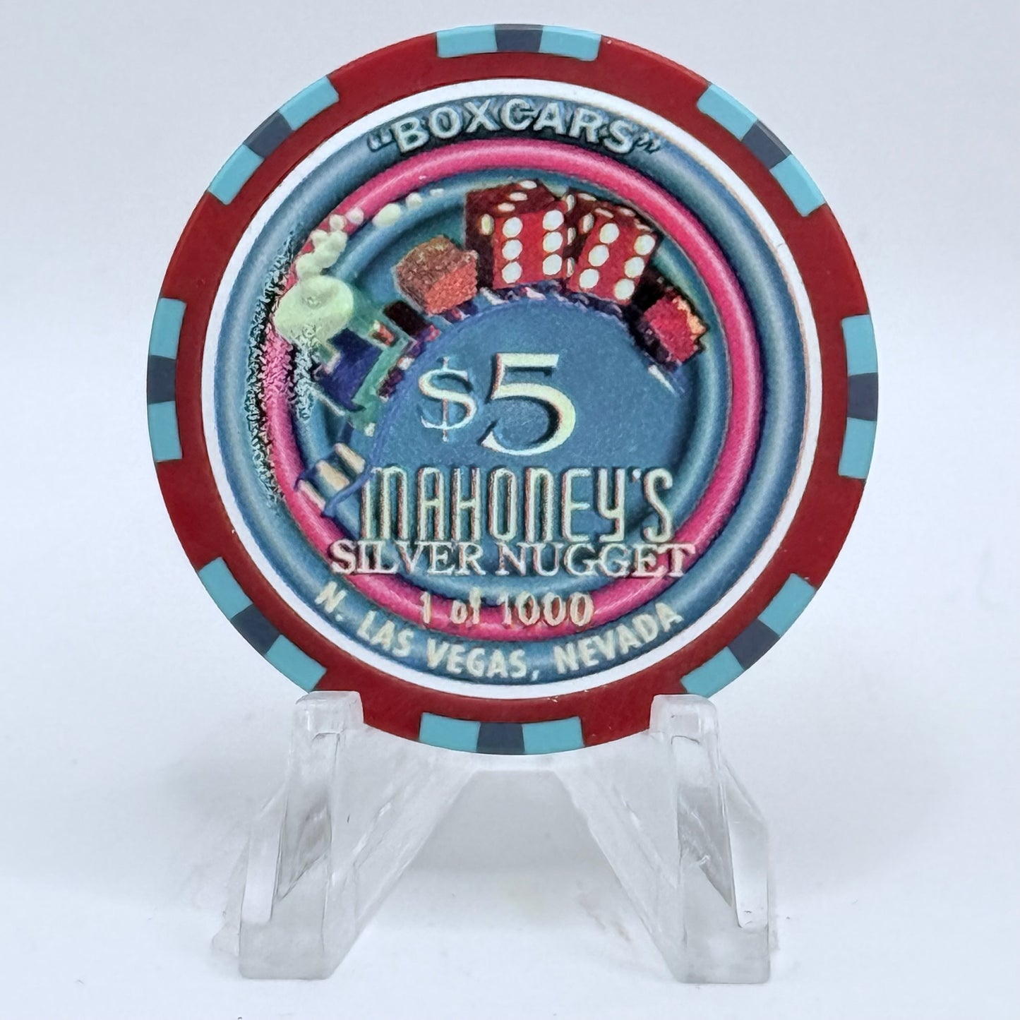 Mahoney's Silver Nugget N. Las Vegas Nevada 1997 'Boxcars' LE $5 Casino Chip N9106