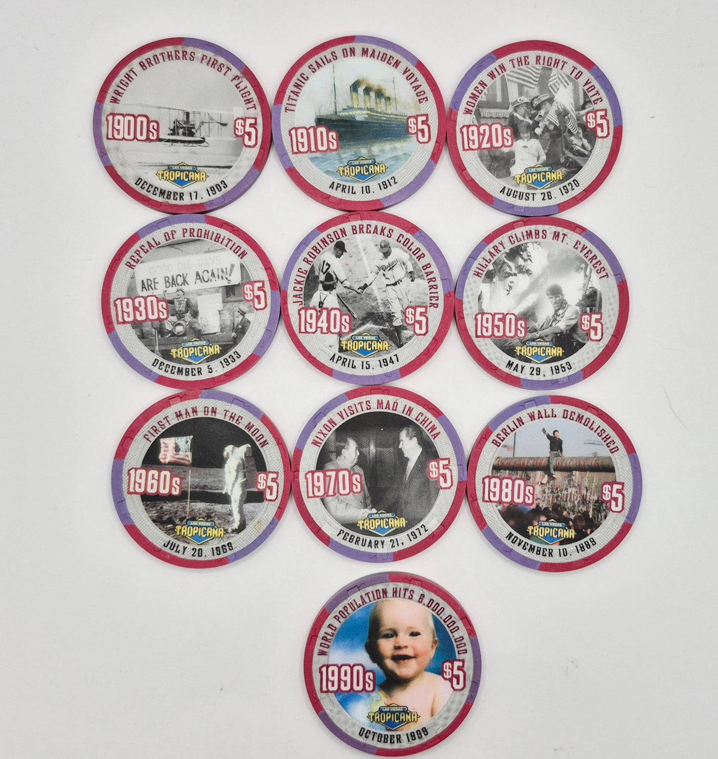 Tropicana Hotel Casino Las Vegas Nevada 1999 $5 10 Chip Collection "The Centuries Greatest Moments"
