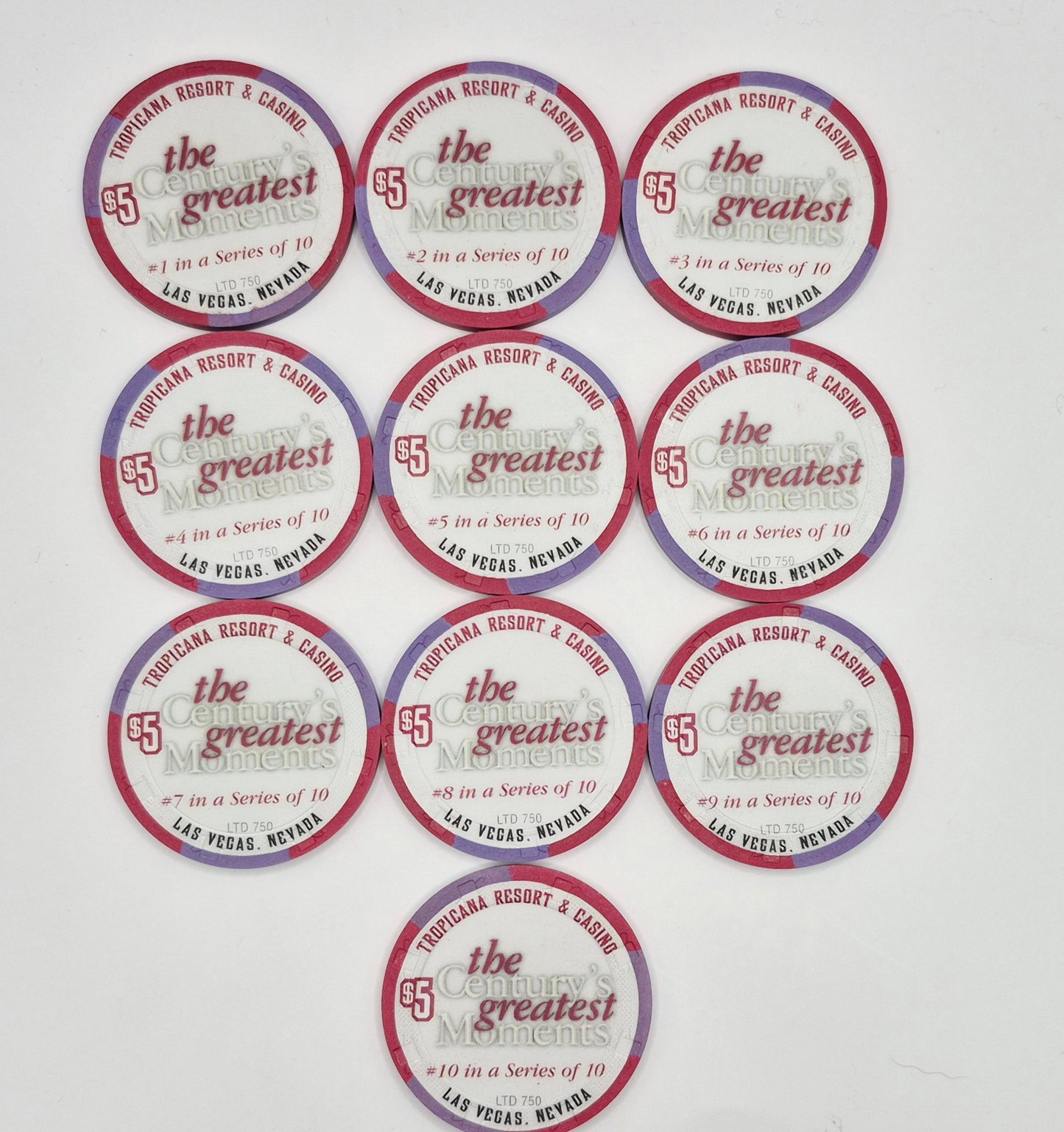 Tropicana Hotel Casino Las Vegas Nevada 1999 $5 10 Chip Collection "The Centuries Greatest Moments"