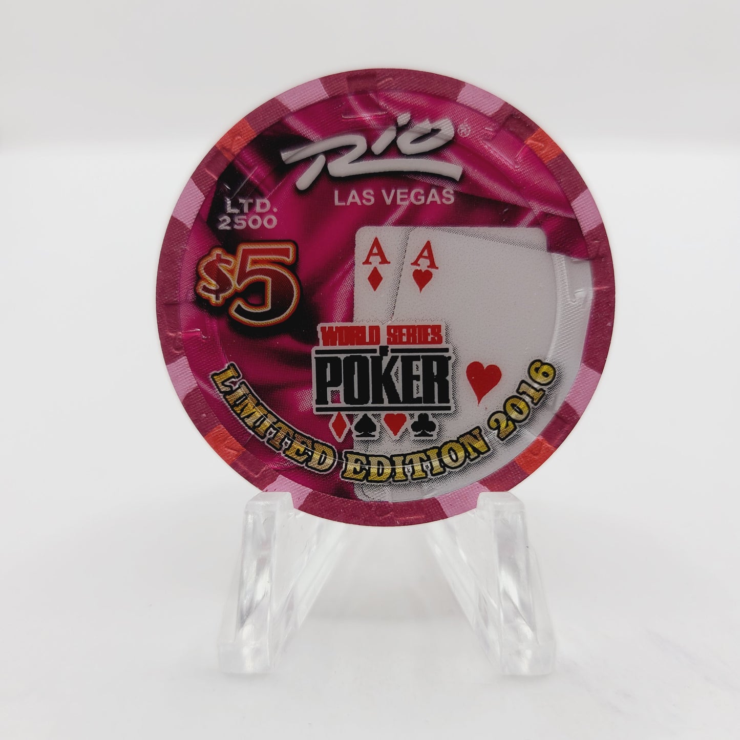 Rio Hotel Casino Las Vegas Nevada 2016 WSOP "Red Aces" $5 Casino Chip D2394 LTD 2500