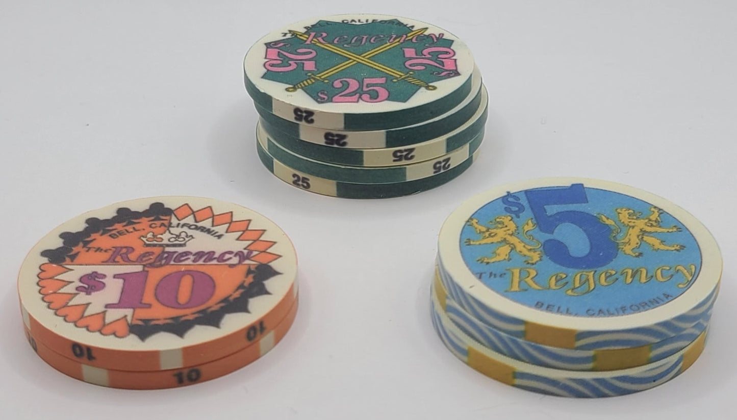 Regency Card Club and Casino Bell CA ,10 Chip Bundle $5 , $10 , $25