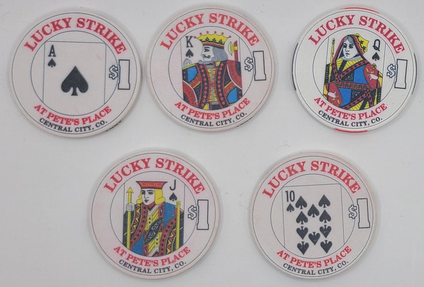 Lucky Strike Casino Central City CO 5 $1 Chips, Spade Royal Flush Series