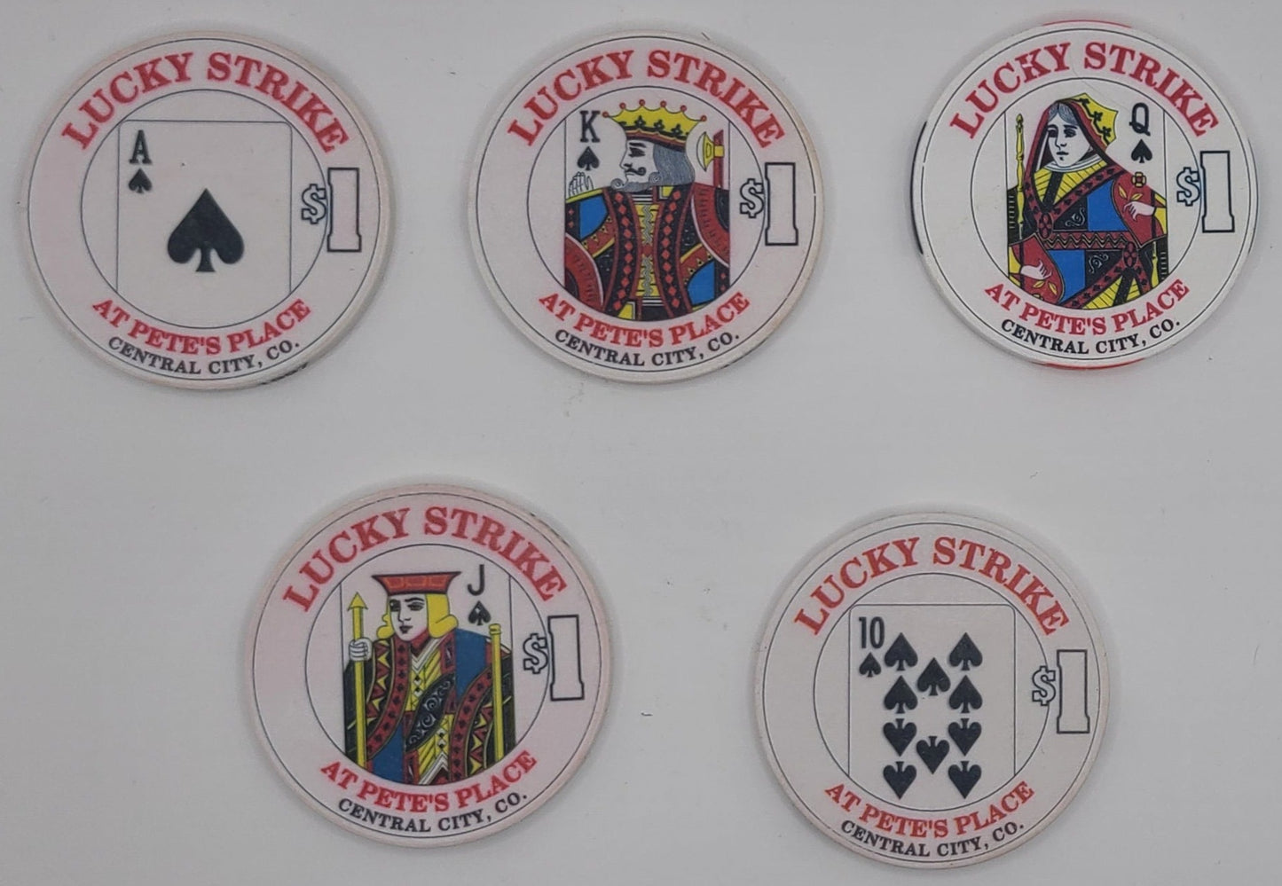 Lucky Strike Casino Central City CO 5 $1 Chips, Spade Royal Flush Series