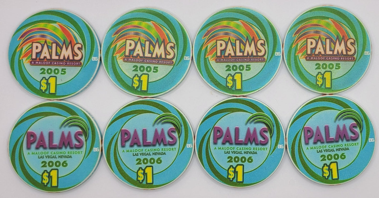 Palms Hotel Casino Las Vegas NV 2 sets of 4 $1 Chips 2005 E4312 and 2006 E4949.