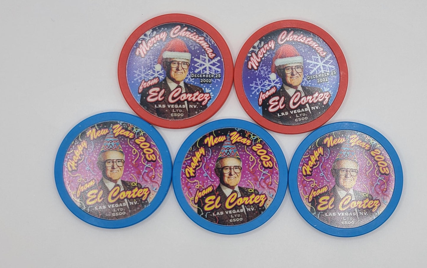 El Cortez Casino Las Vegas New Year/Christmas 5 Chip Bundle 3x New Year E0365,2x Christmas E0366