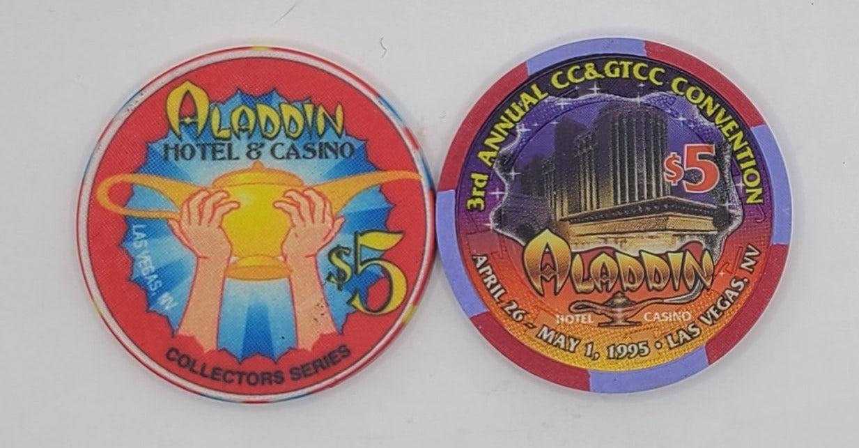 Aladdin Hotel Casino Las Vegas NV 1995,3rd Annual CC&GTCC Convention 2 Chips with Different Dates