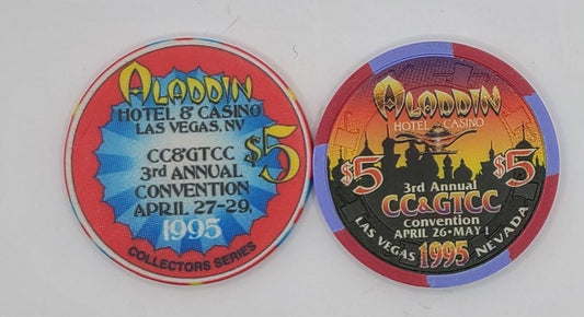 Aladdin Hotel Casino Las Vegas NV 1995,3rd Annual CC&GTCC Convention 2 Chips with Different Dates