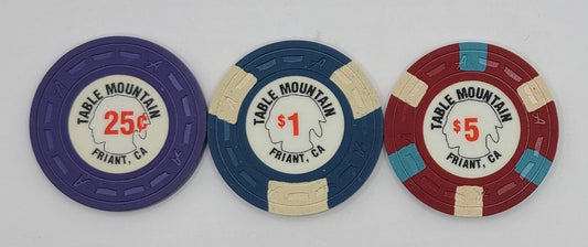 Table Mountain Casino Friant California 3 Chip Bundle $0.25, $1.00, $5.00 - ALL UNCIRCULATED