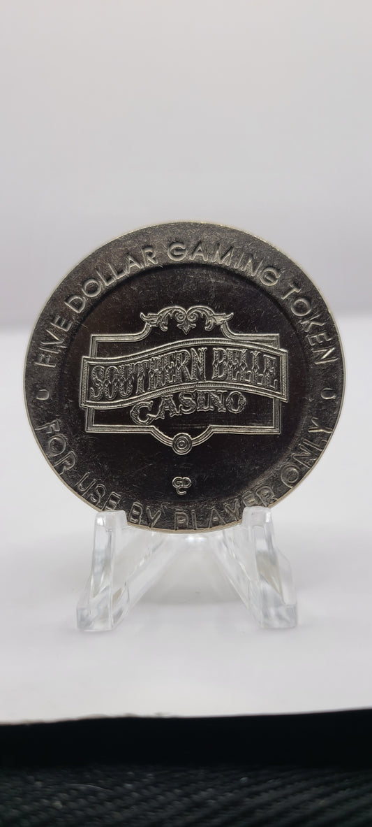 Southern Belle Casino River Bend MS 1994,"Riverboat" Casino $5 Gaming Token (Error center offset)