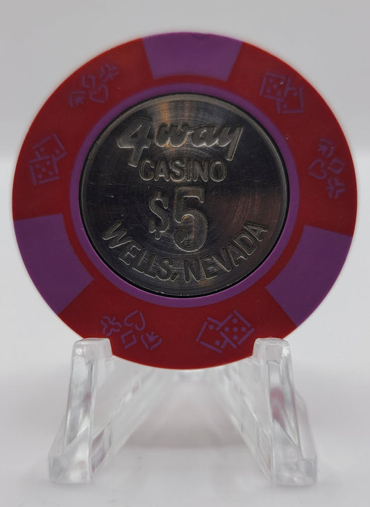 4 Way Casino Wells Nevada 1989 $5 "Coin Inlay" Chip N3145