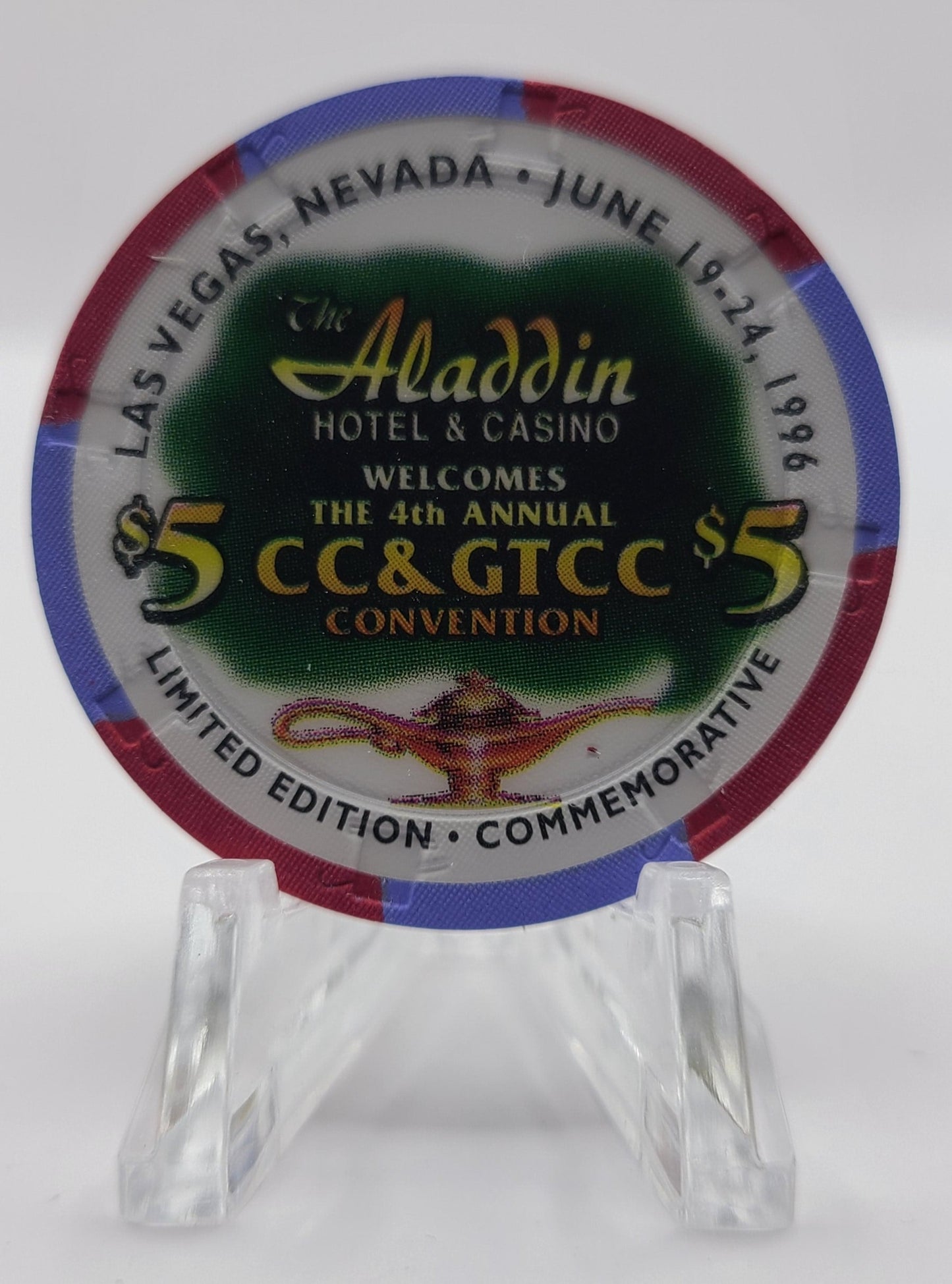 Aladdin Casino Las Vegas Nevada 1996 $5 Chip" N4074  "1996 4th Annual CC&GTCC Convention"