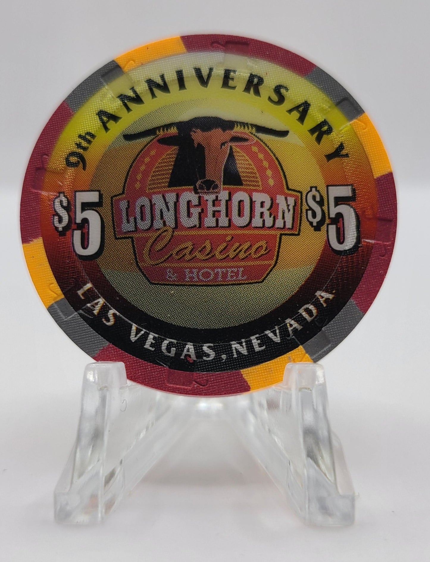 Longhorn Casino Las Vegas Nevada 1998 "9th Anniversary" $5 Chip V1043 "UNCIRCULATED"