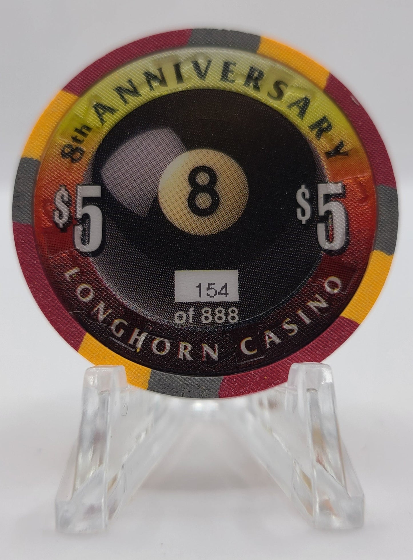 Longhorn Casino Las Vegas Nevada 1996 "8th Anniversary" $5 Chip N8703 "UNCIRCULATED"