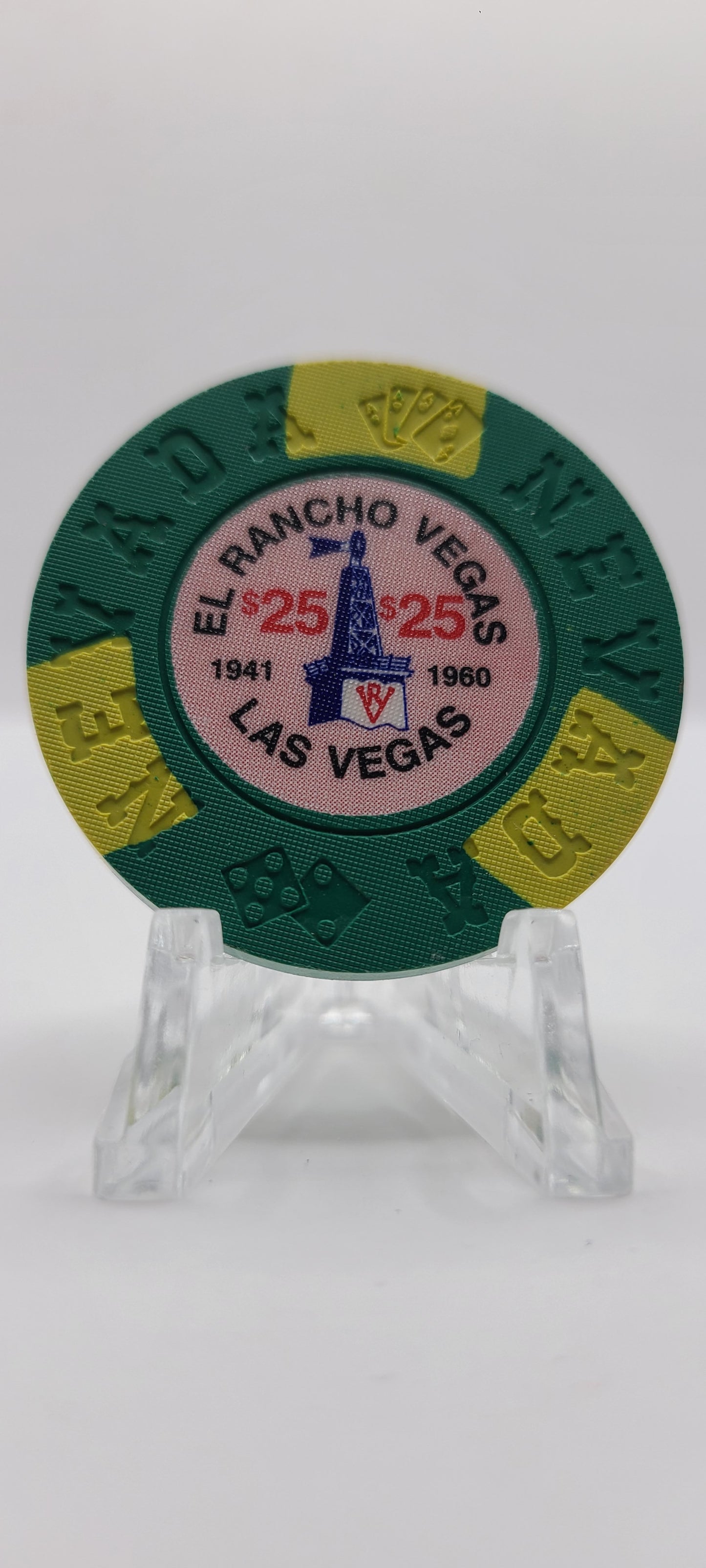 El Rancho Vegas Casino Las Vegas Nevada "Borland Imitation" $25 Chip E7077 ( INSERTS 1/2 INCH )