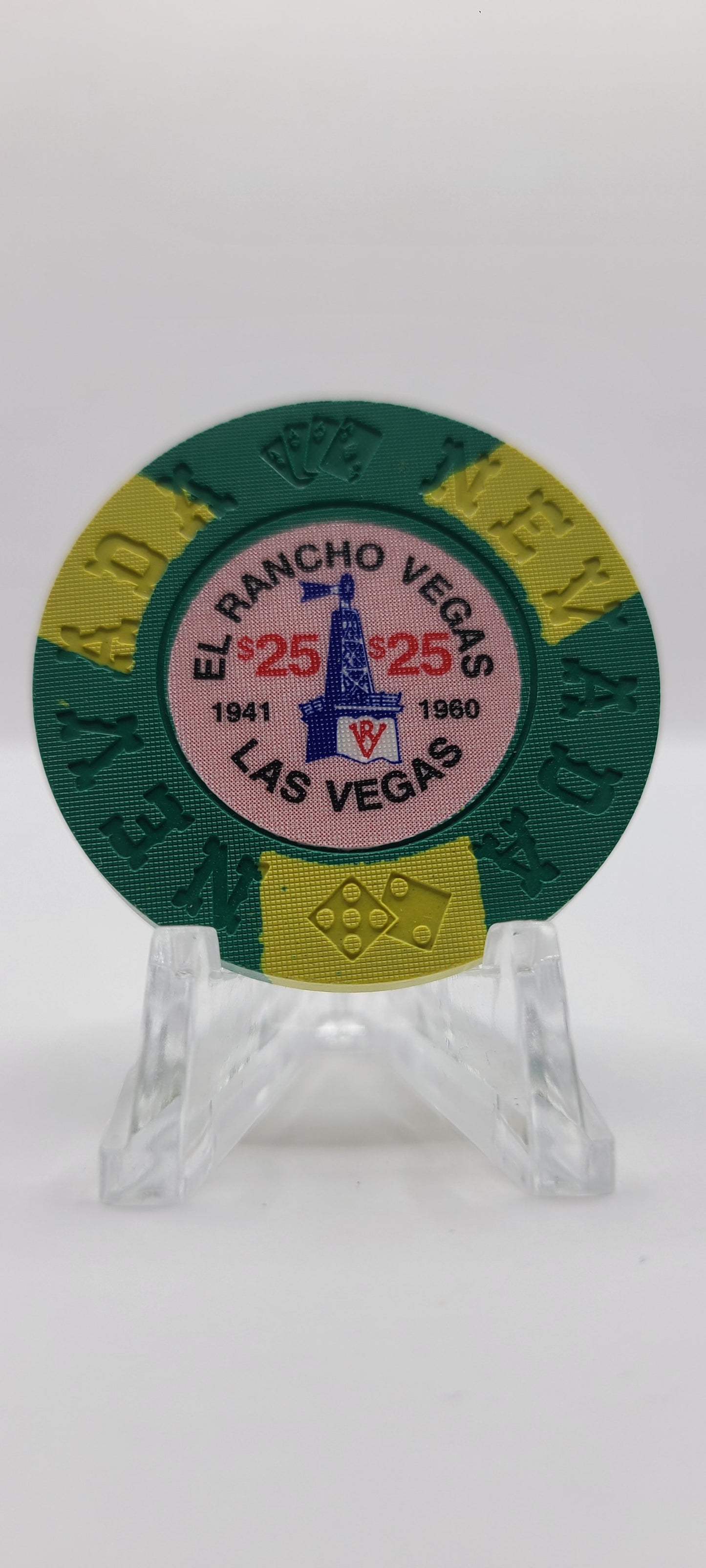 El Rancho Vegas Casino Las Vegas Nevada "Borland Imitation" $25 Chip E7077 ( INSERTS 1/2 INCH )