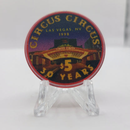 Circus Circus Casino Las Vegas Nevada 1998 "30 Years 1998 Cat & Dog" $5 Chip V2275