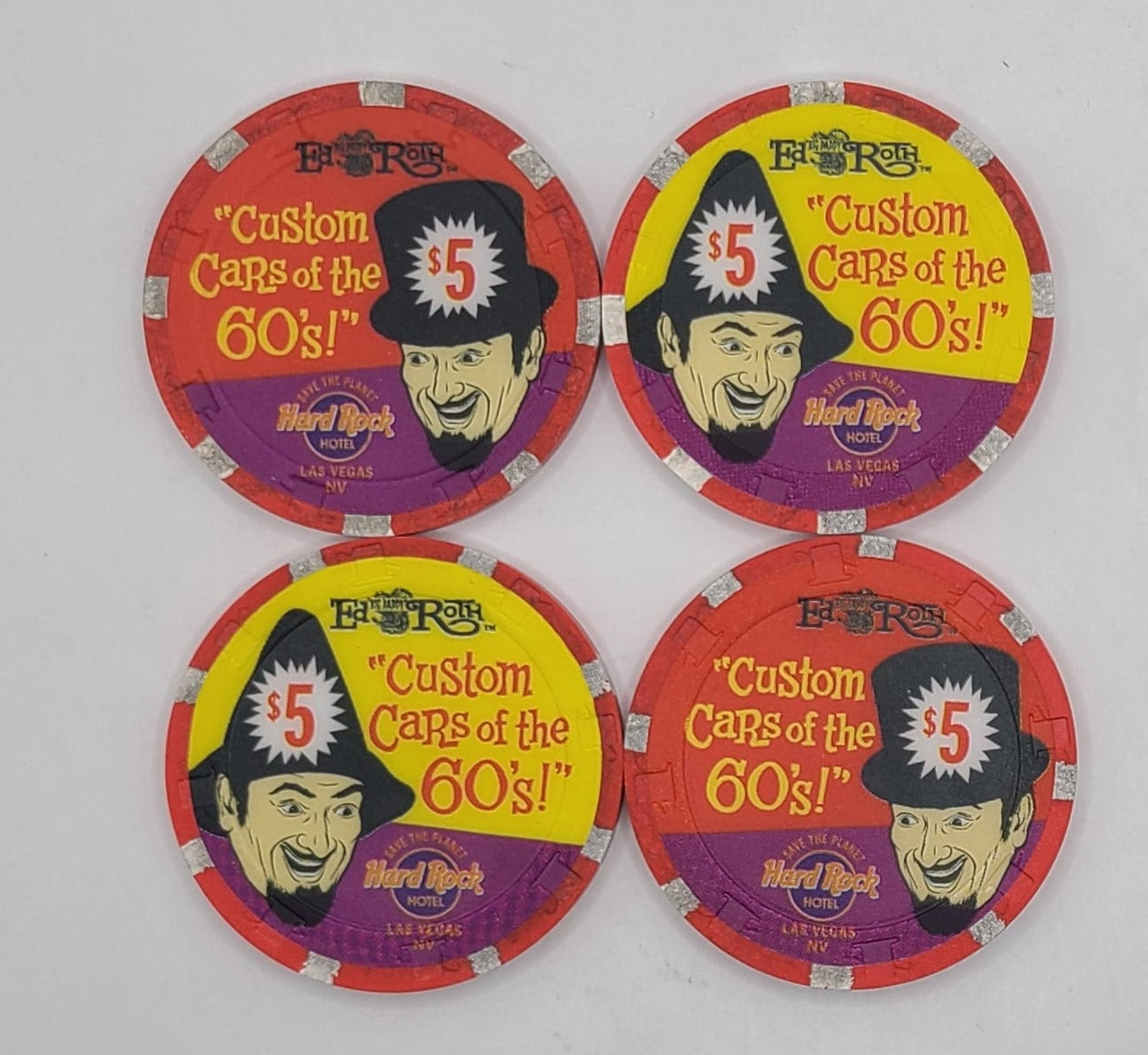 Hard Rock Hotel Casino Las Vegas Nevada 1996 4 Chip Set "Big Daddy Roth/Beatnik Bandit" N8494