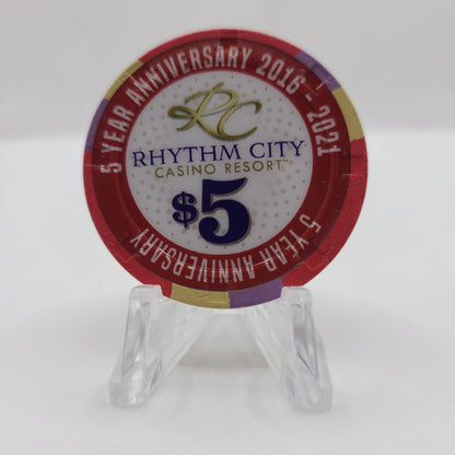 Rhythm City Casino Davenport Iowa 2021 $5 Chip "5 YEAR ANNIVERSARY" LIMITED