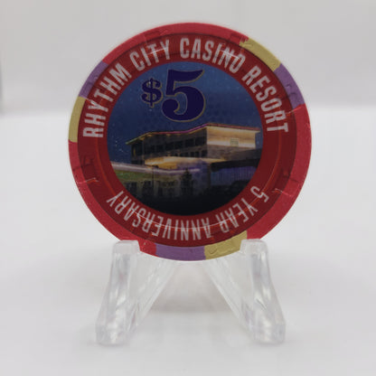 Rhythm City Casino Davenport Iowa 2021 $5 Chip "5 YEAR ANNIVERSARY" LIMITED