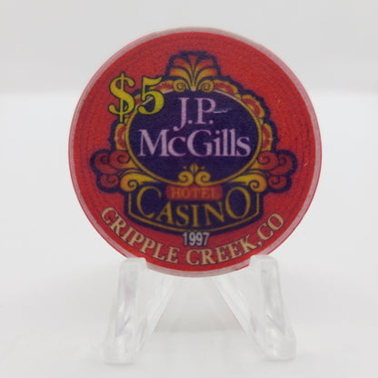 J.P. McGill's Hotel Casino Cripple Creek Colorado 1997 $5 Casino Chip