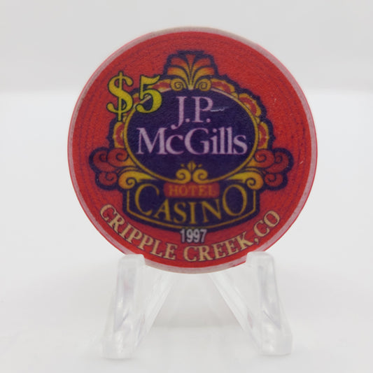 J.P. McGill's Hotel Casino Cripple Creek Colorado 1997 $5 Casino Chip