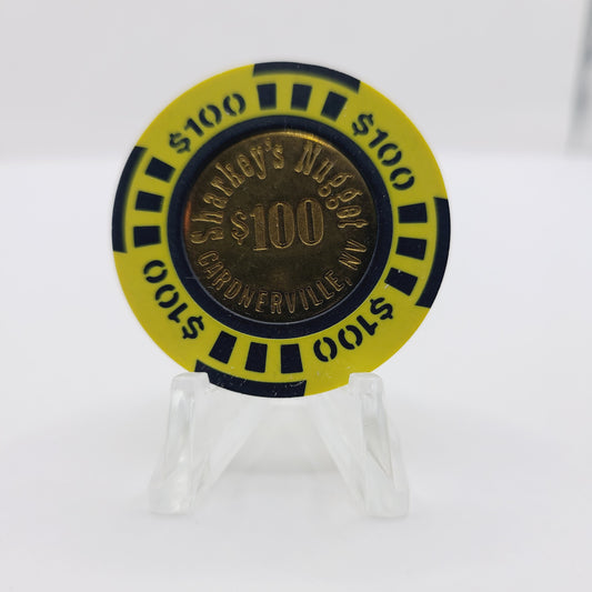 Sharky's Nugget Casino Gardnerville Nevada 1988 $100 Brass Coin Center Casino Chip  N9064